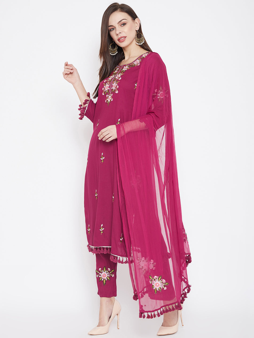 Women Pink Embroidered Kurta with Trousers Dupatta