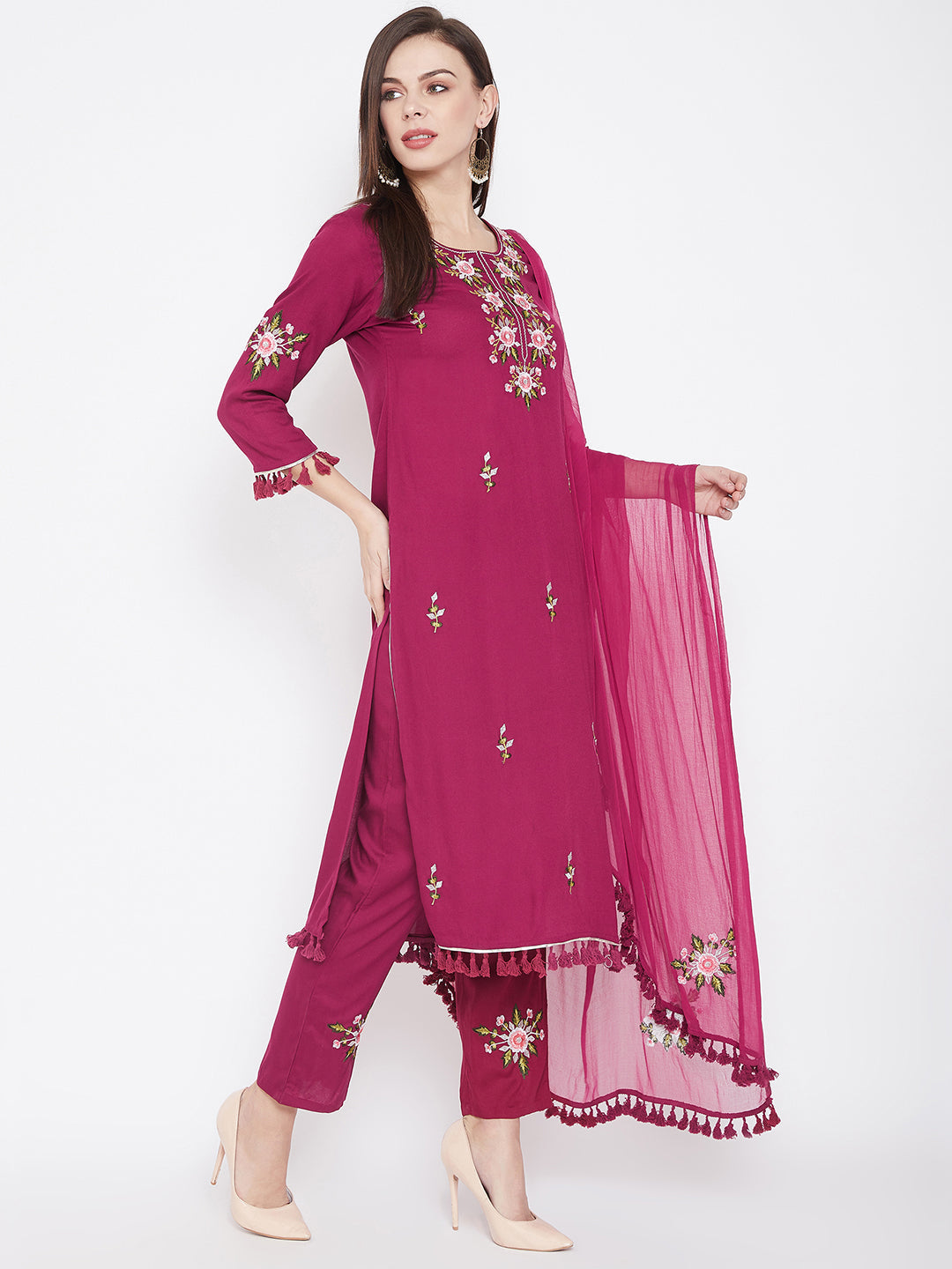 Women Pink Embroidered Kurta with Trousers Dupatta