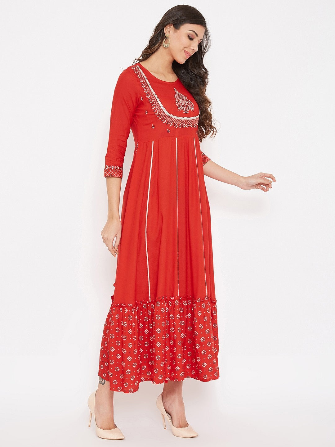 Women Red Embroidered Thread Work Ethic Maxi Dress