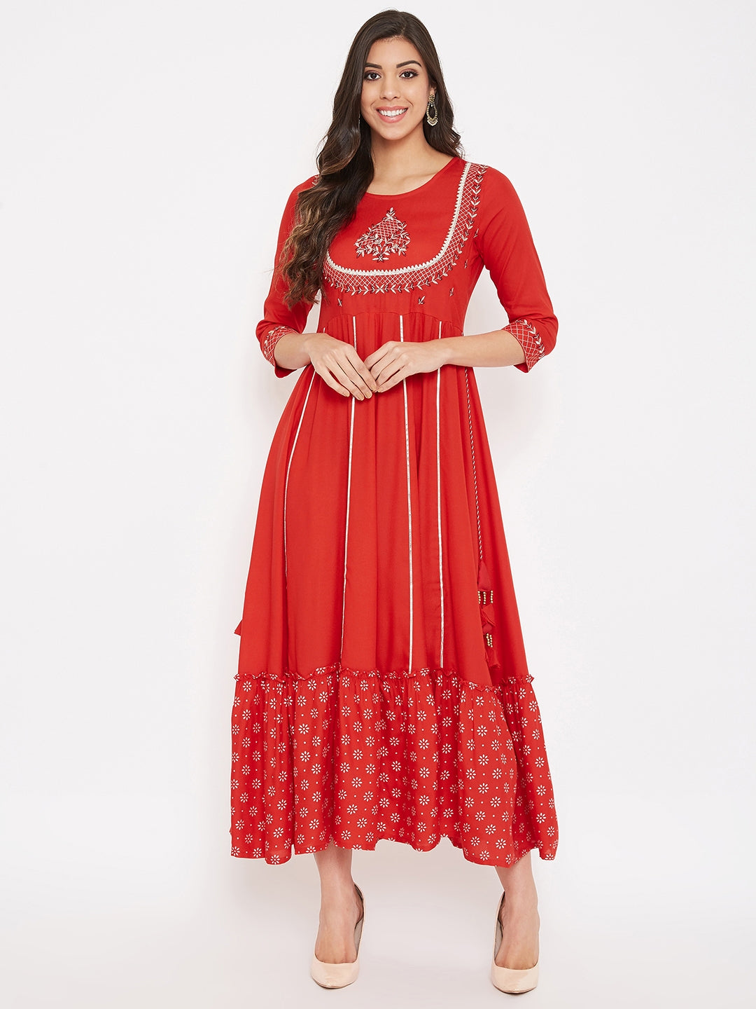 Women Red Embroidered Thread Work Ethic Maxi Dress