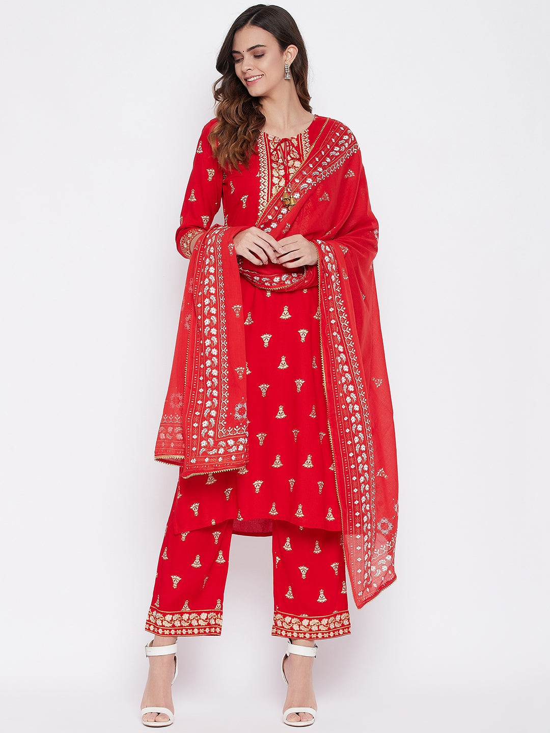 Women Red Ethnic Motifs Printed Kurta with Trousers With Dupatta