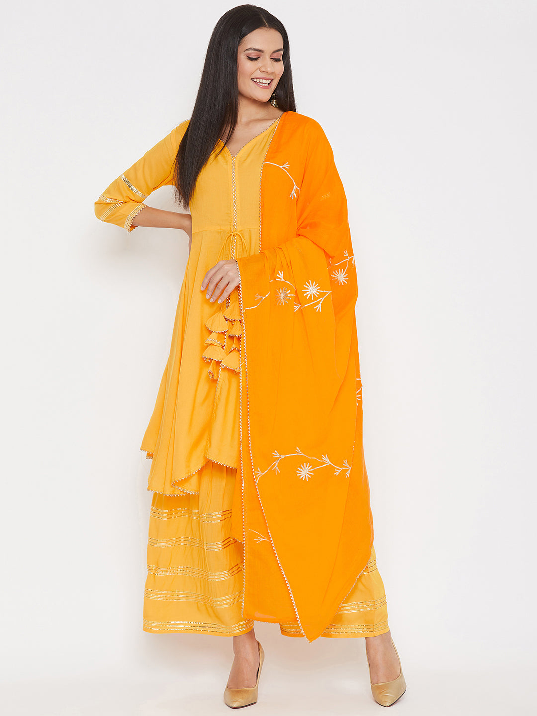 Women Yellow Floral Embroidered Pleated Kurti with Palazzos With Dupatta