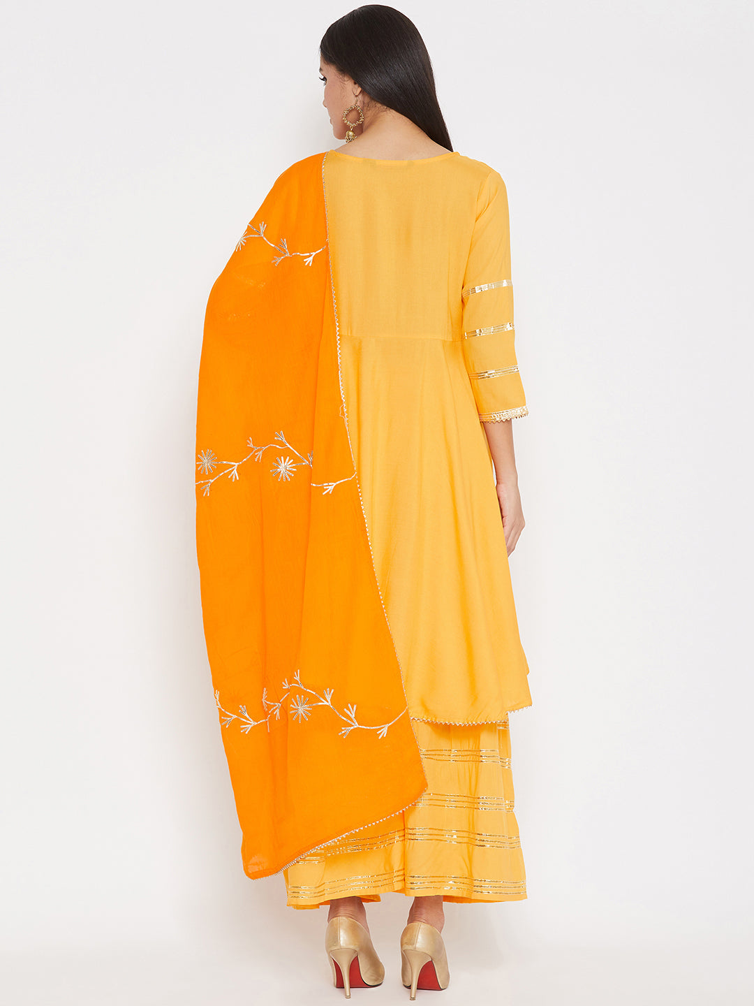 Women Yellow Floral Embroidered Pleated Kurti with Palazzos With Dupatta
