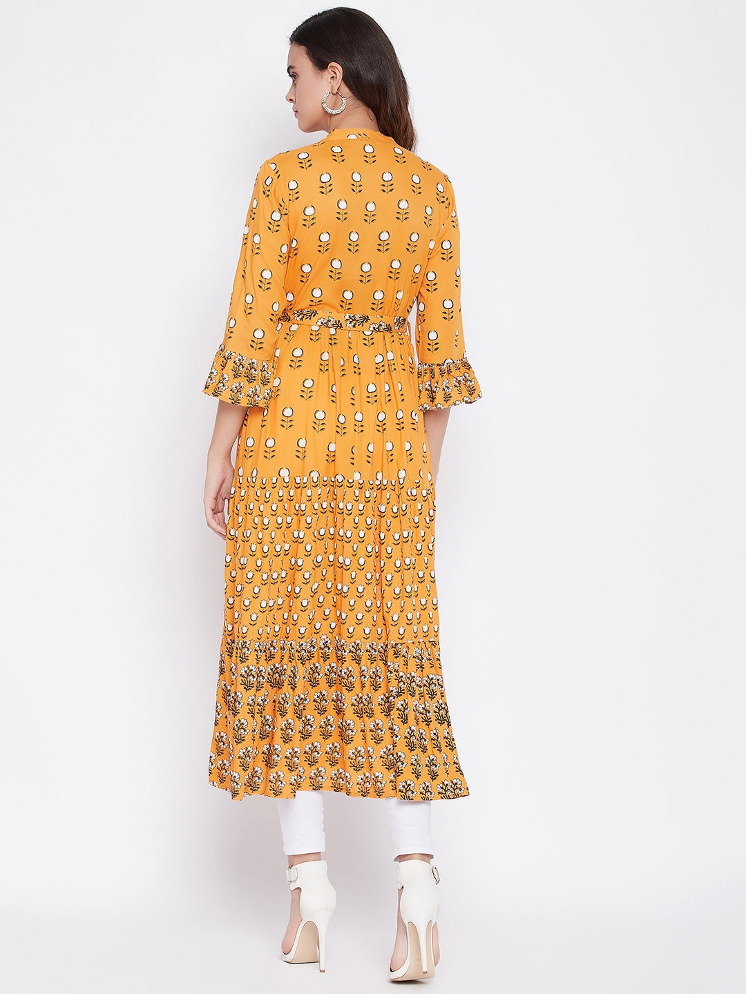 Women Yellow  Off White Ethnic Motifs Printed Bell Sleeves Anarkali Kurta