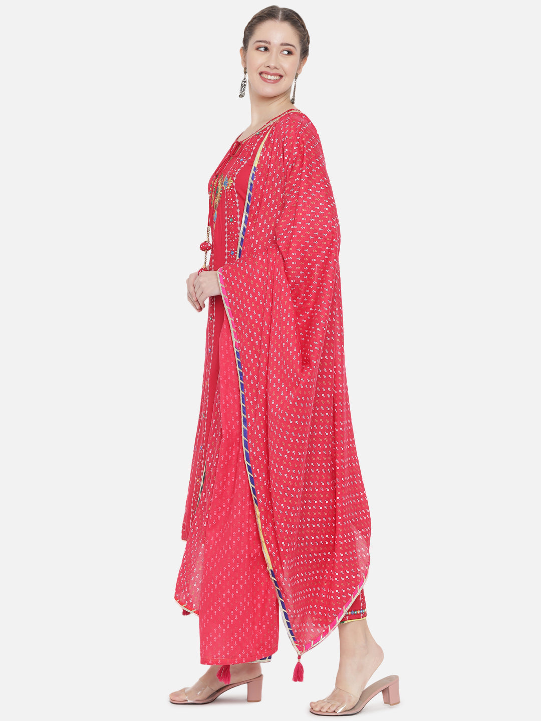 Women Pink Ethnic Motifs Embroidered Kurti with Trousers Dupatta