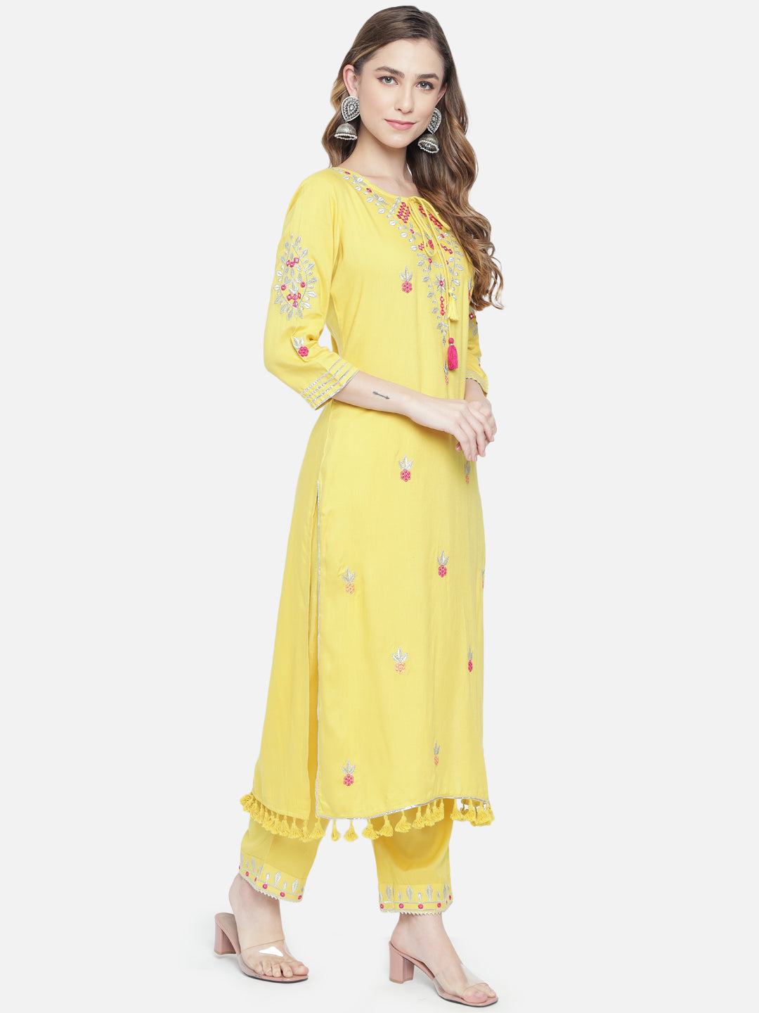 Women Yellow Embroidered Regular Gotta Patti Kurta with Trousers With Dupatta