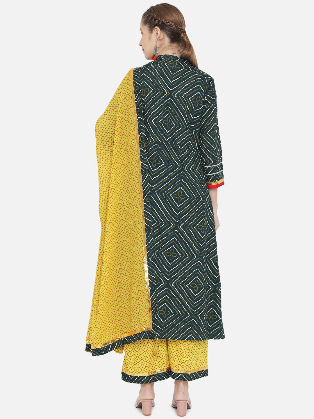 Women Green Yellow Bandhani Printed Thread Work Kurta with Palazzos Dupatta