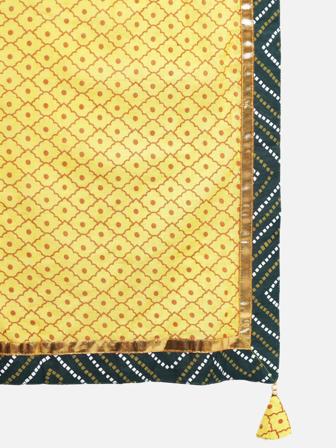 Women Green Yellow Bandhani Printed Thread Work Kurta with Palazzos Dupatta