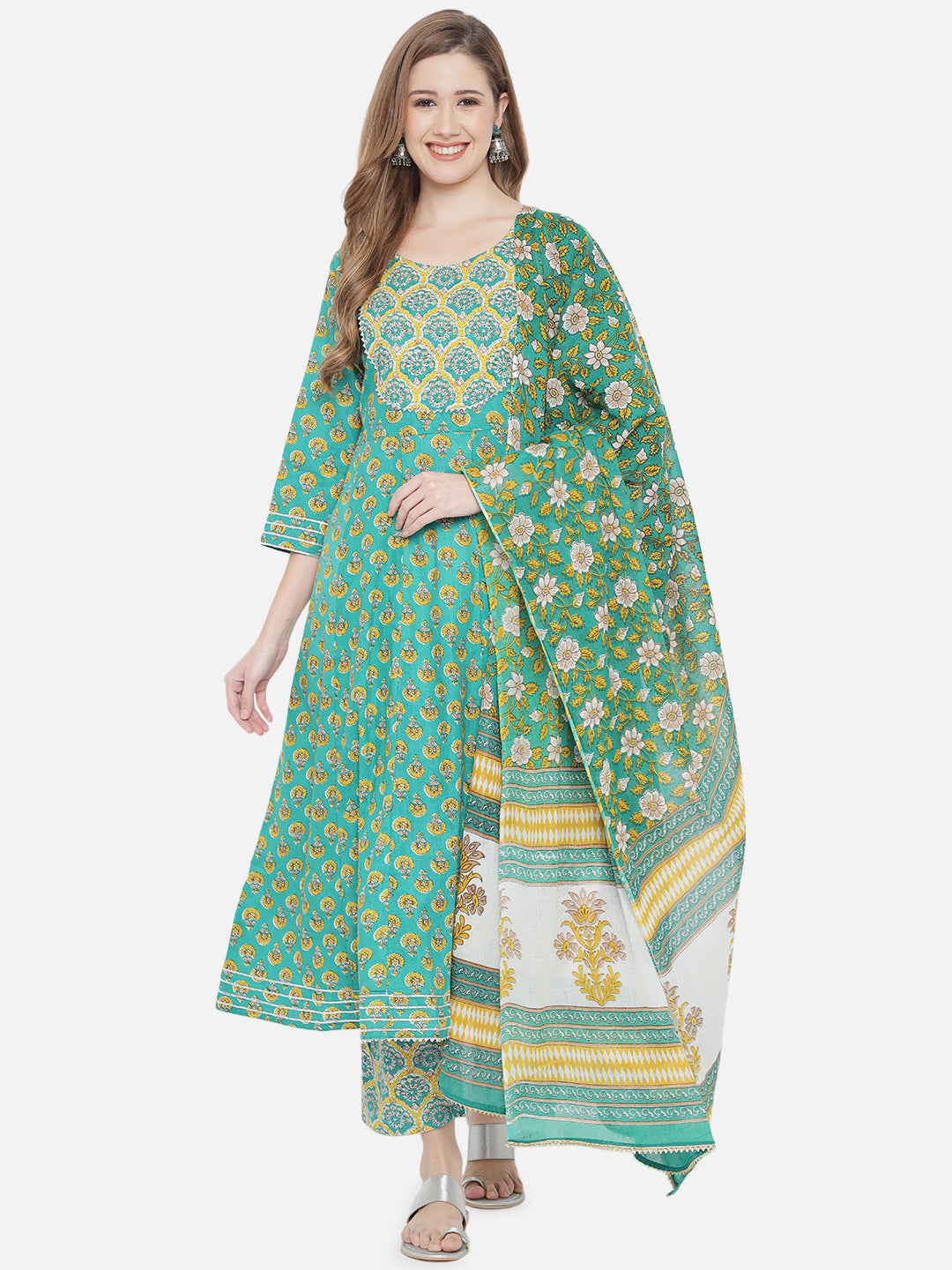 Women Green Floral Printed Panelled Pure Cotton Kurta with Palazzos With Dupatta