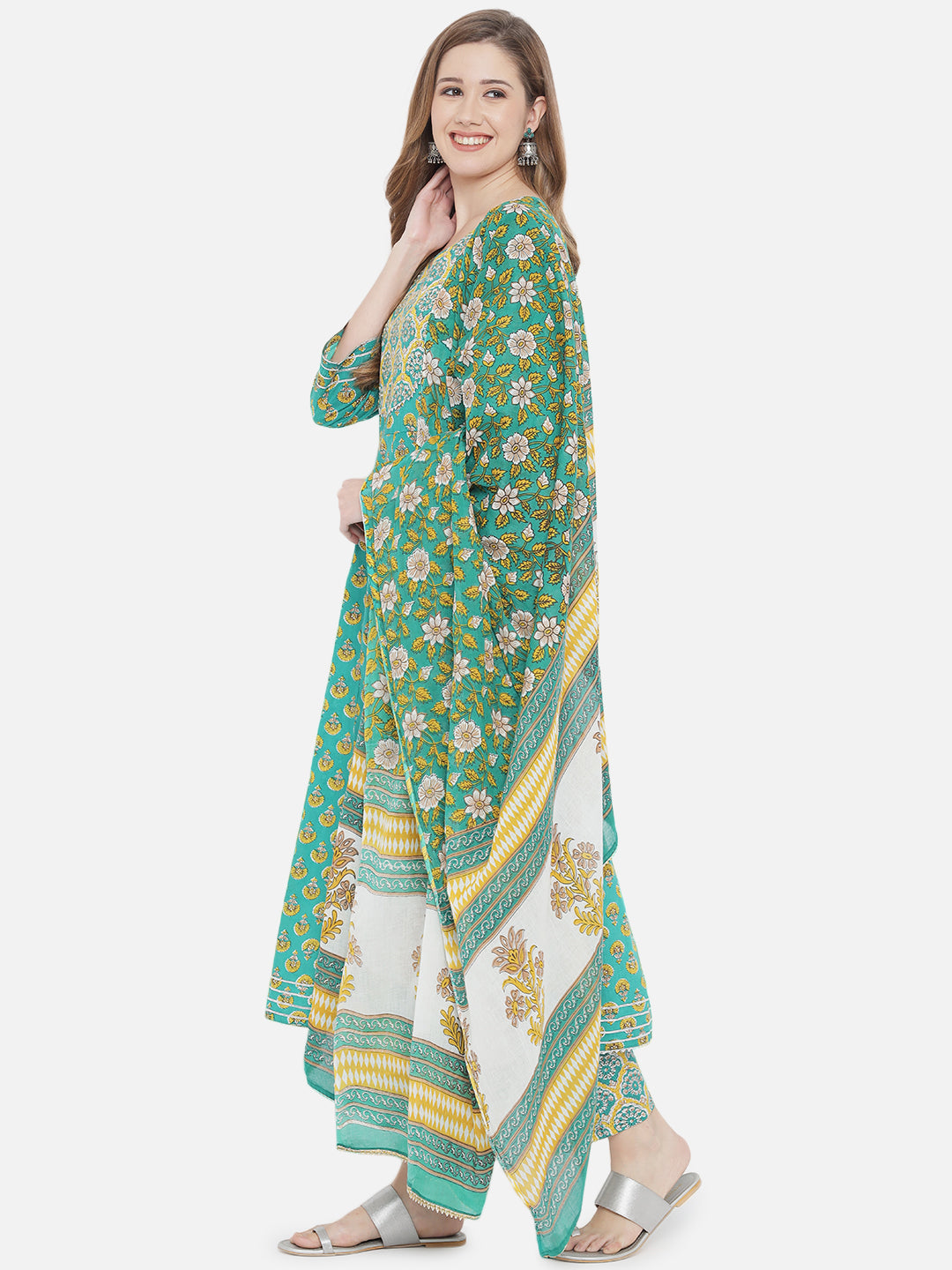 Women Green Floral Printed Panelled Pure Cotton Kurta with Palazzos With Dupatta