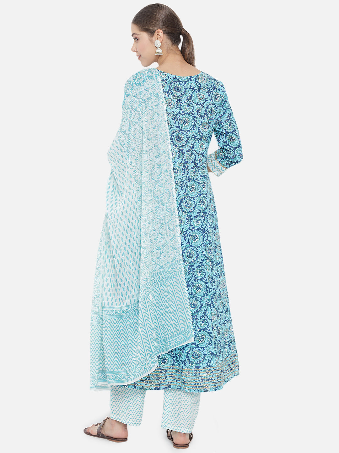 Women Blue Floral Printed Pure Cotton Kurta with Trousers With Dupatta