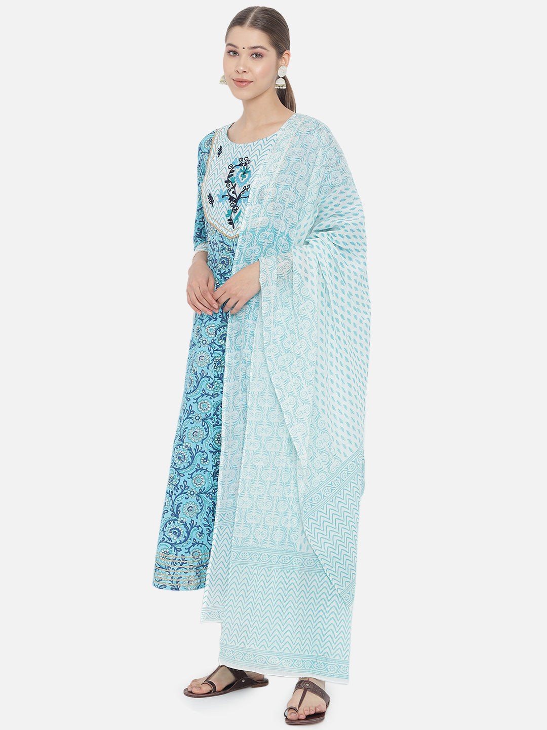 Women Blue Floral Printed Pure Cotton Kurta with Trousers With Dupatta