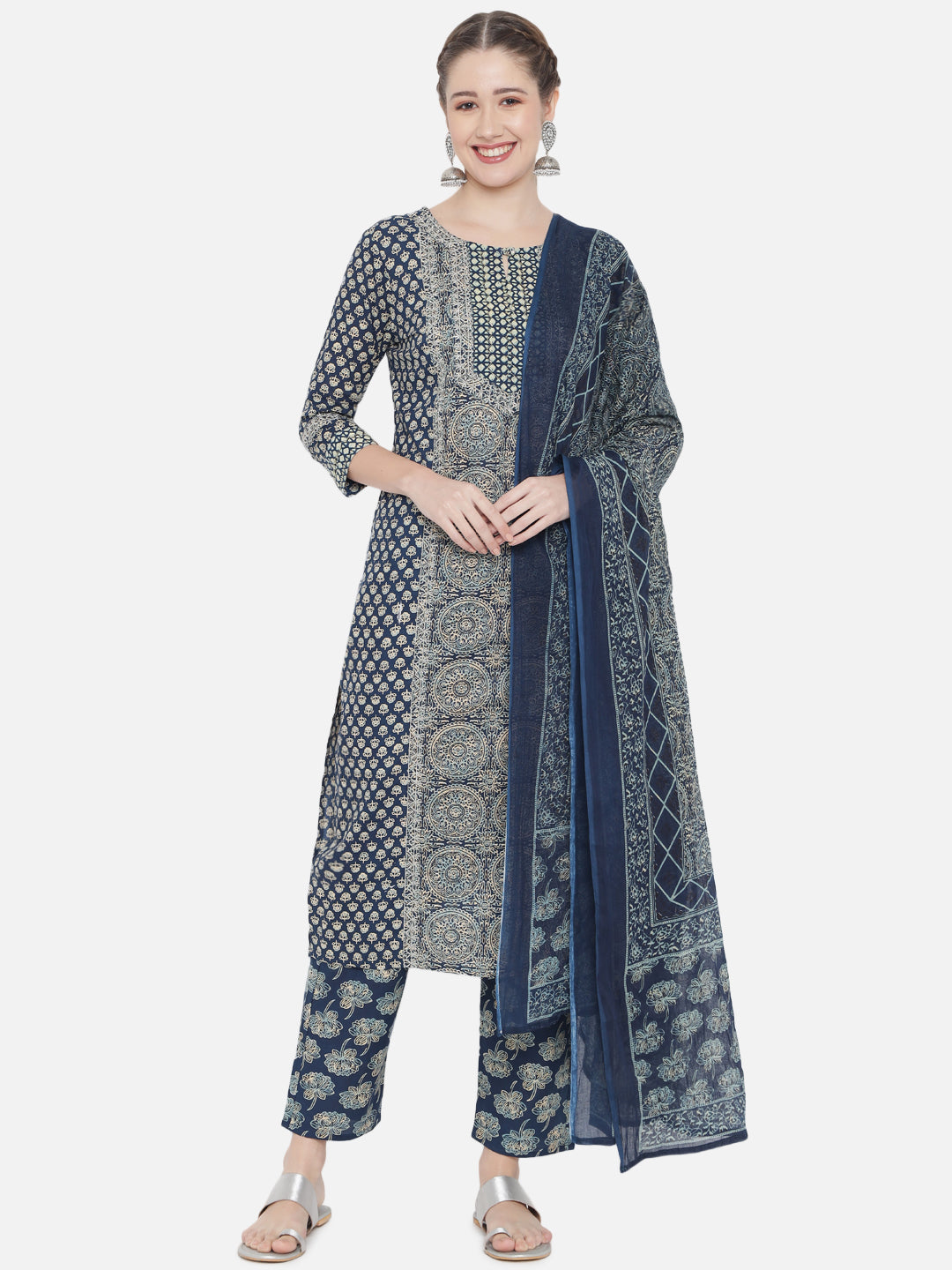 Women Blue Floral Printed Thread Work Pure Cotton Kurta with Trousers With Dupatta