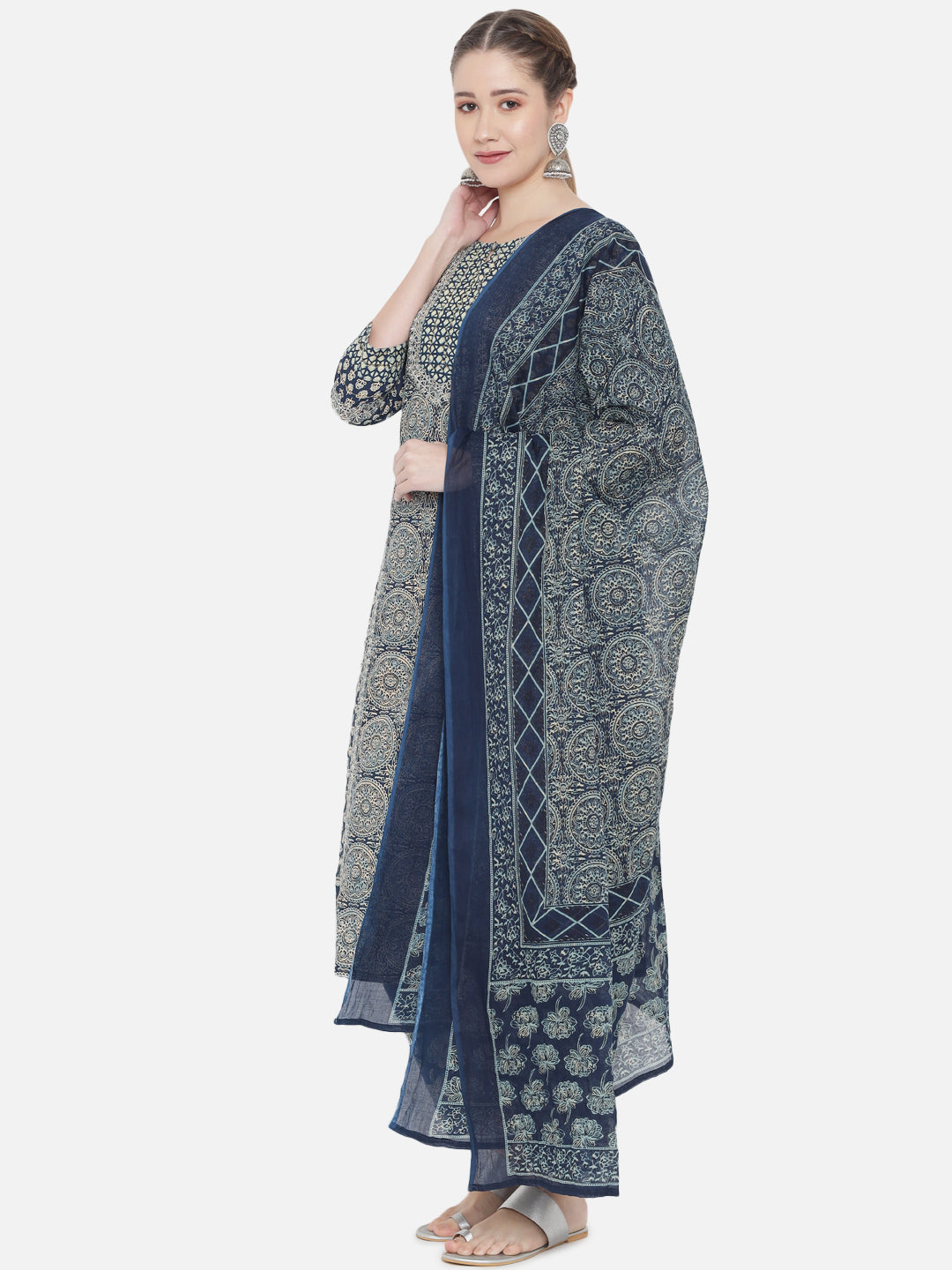 Women Blue Floral Printed Thread Work Pure Cotton Kurta with Trousers With Dupatta