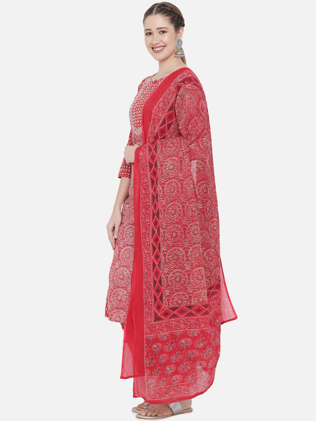 Women Red Geometric Printed Pure Cotton Kurta With Trousers Dupatta