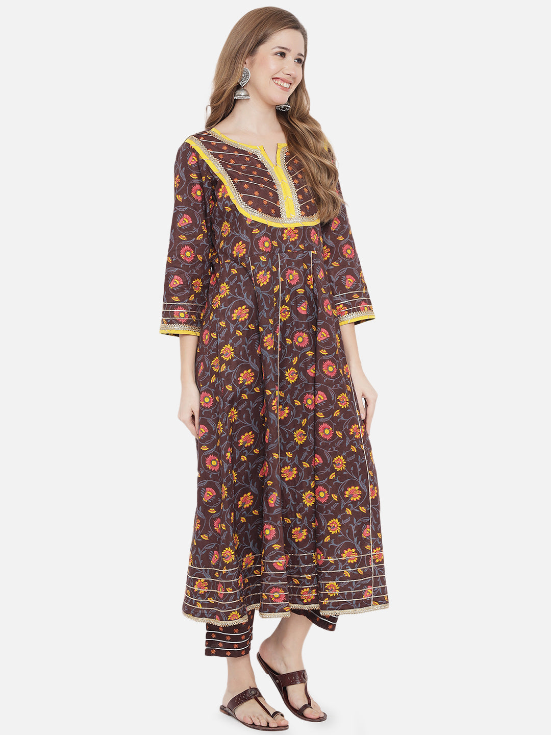 Women Brown Floral Printed Pleated Pure Cotton Kurta with Trousers With Dupatta