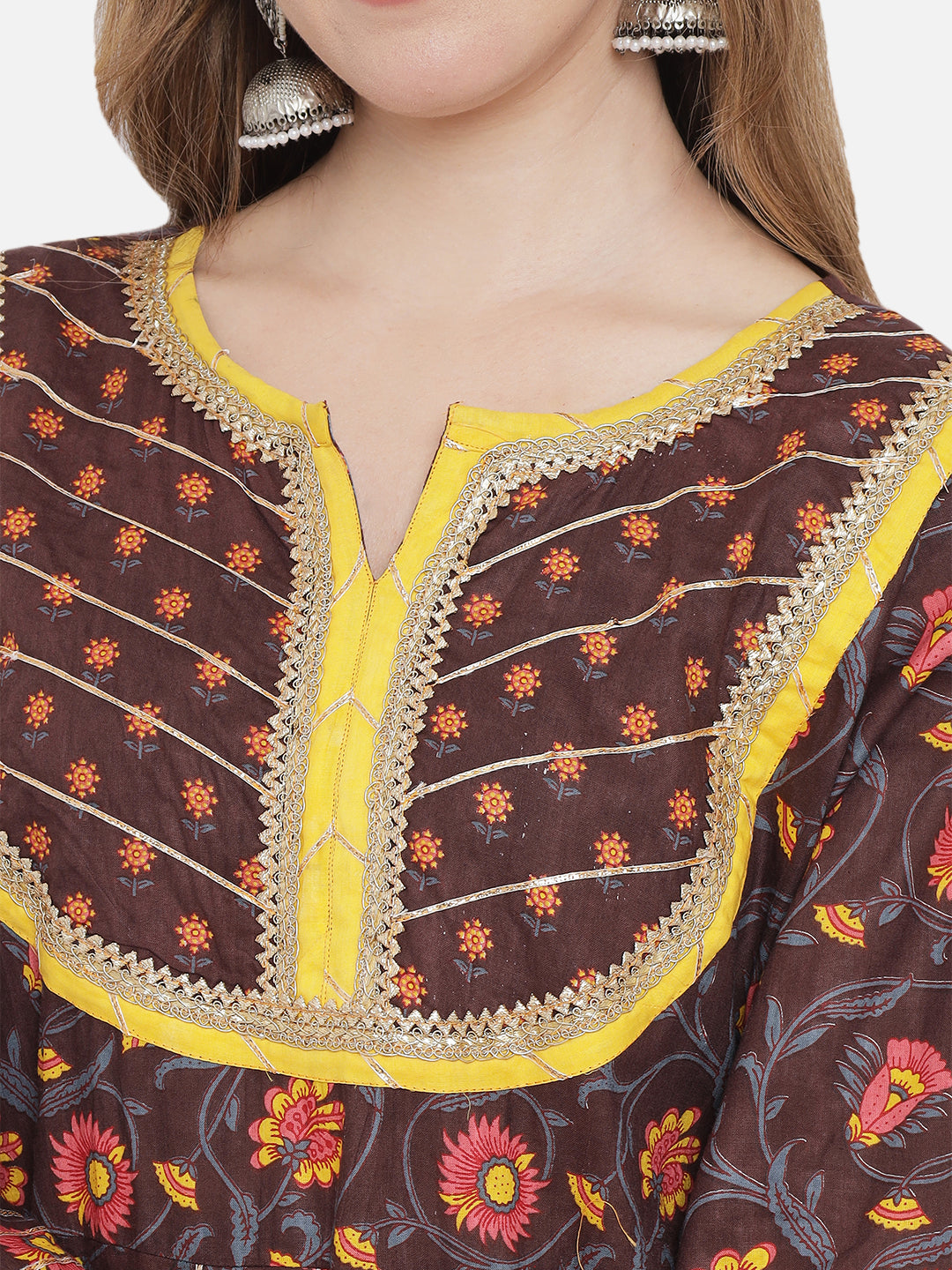 Women Brown Floral Printed Pleated Pure Cotton Kurta with Trousers With Dupatta