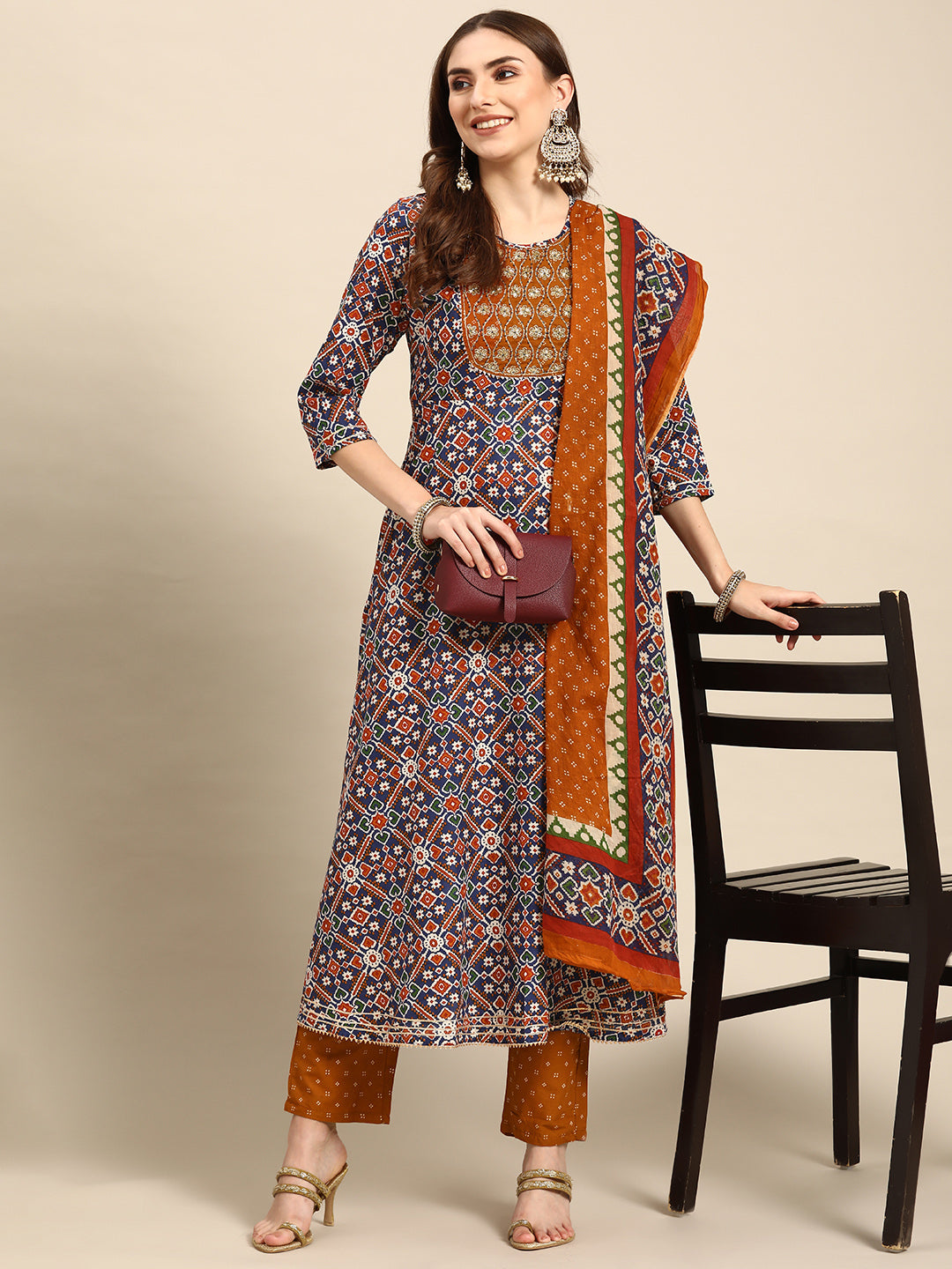 Women Navy Blue Ethnic Embroidered Pure Cotton Kurta with Trousers Dupatta