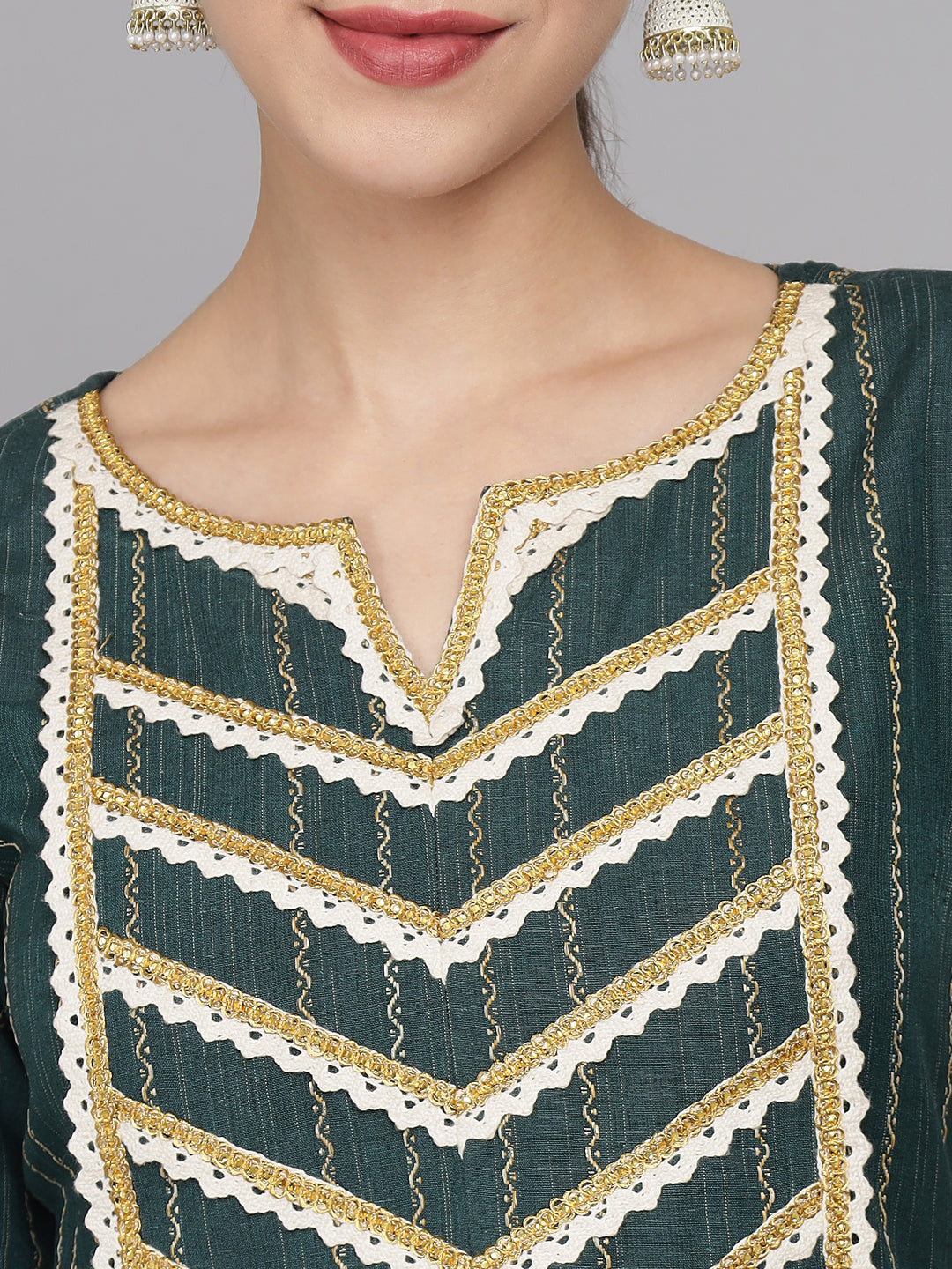 Women Green Gold-Toned Embroidered Yoke Design Kurta with Trousers Dupatta