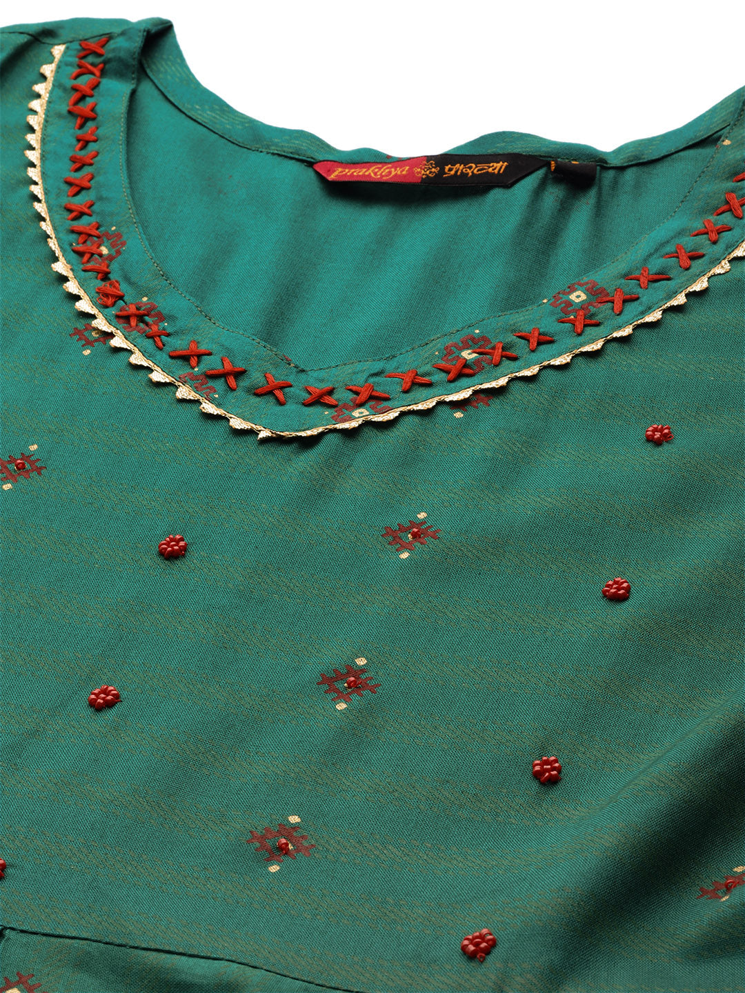 Women Green  Red Ethnic Motifs Printed Beaded ALine Kurta