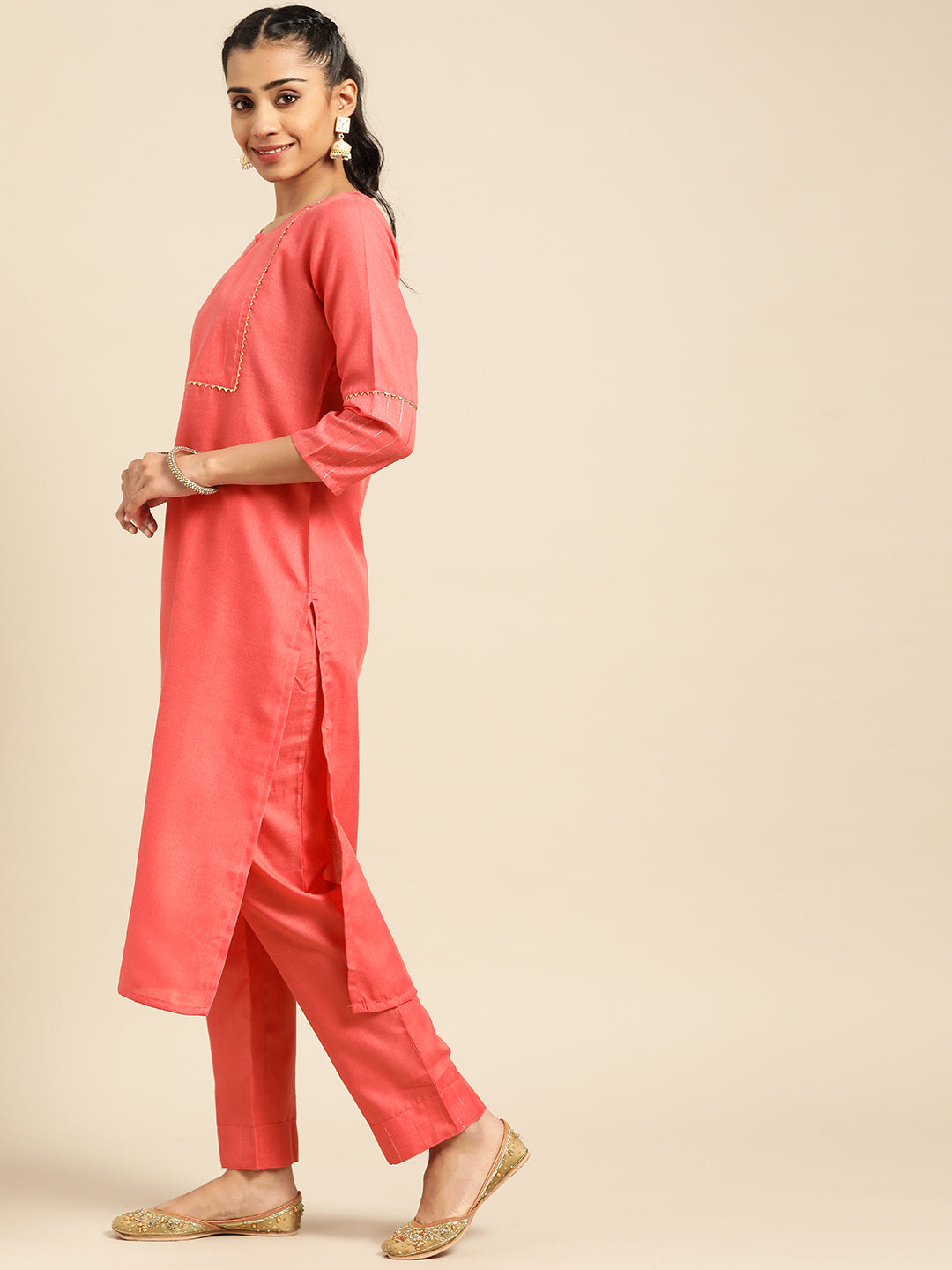 Women Peach-Coloured Yoke Design Kurta with Trousers With Dupatta