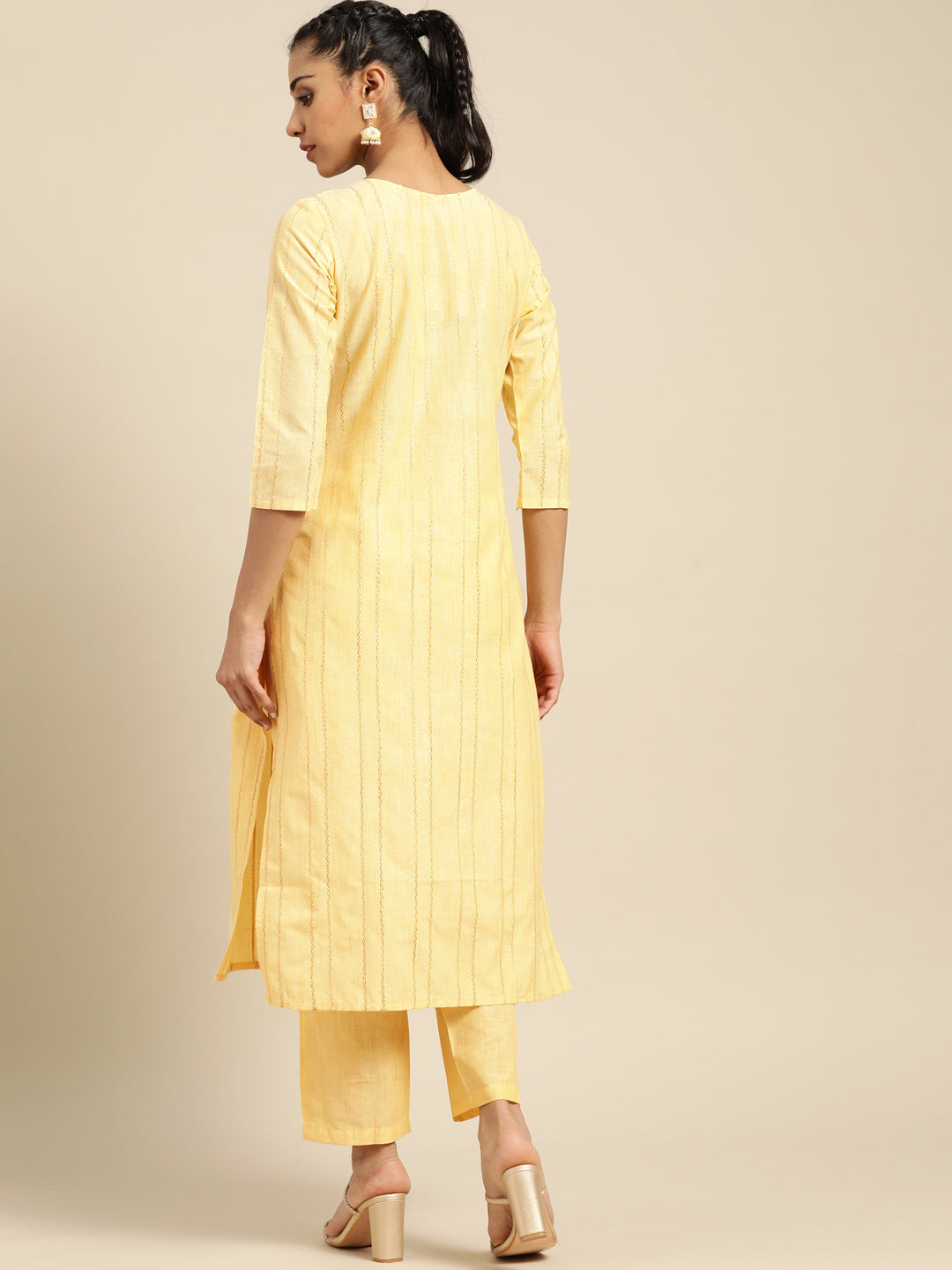 Women Pure Yellow Ethnic Striped Kurta with Trousers