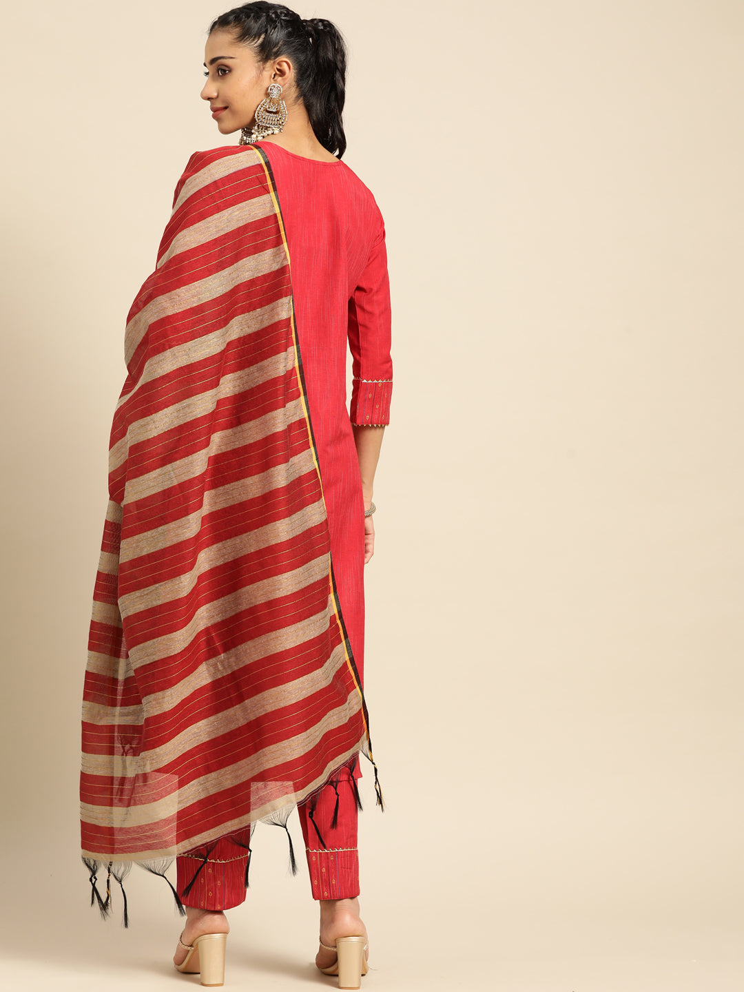 Women Red Ethnic Motifs Yoke Design Kurta with Trousers With Dupatta