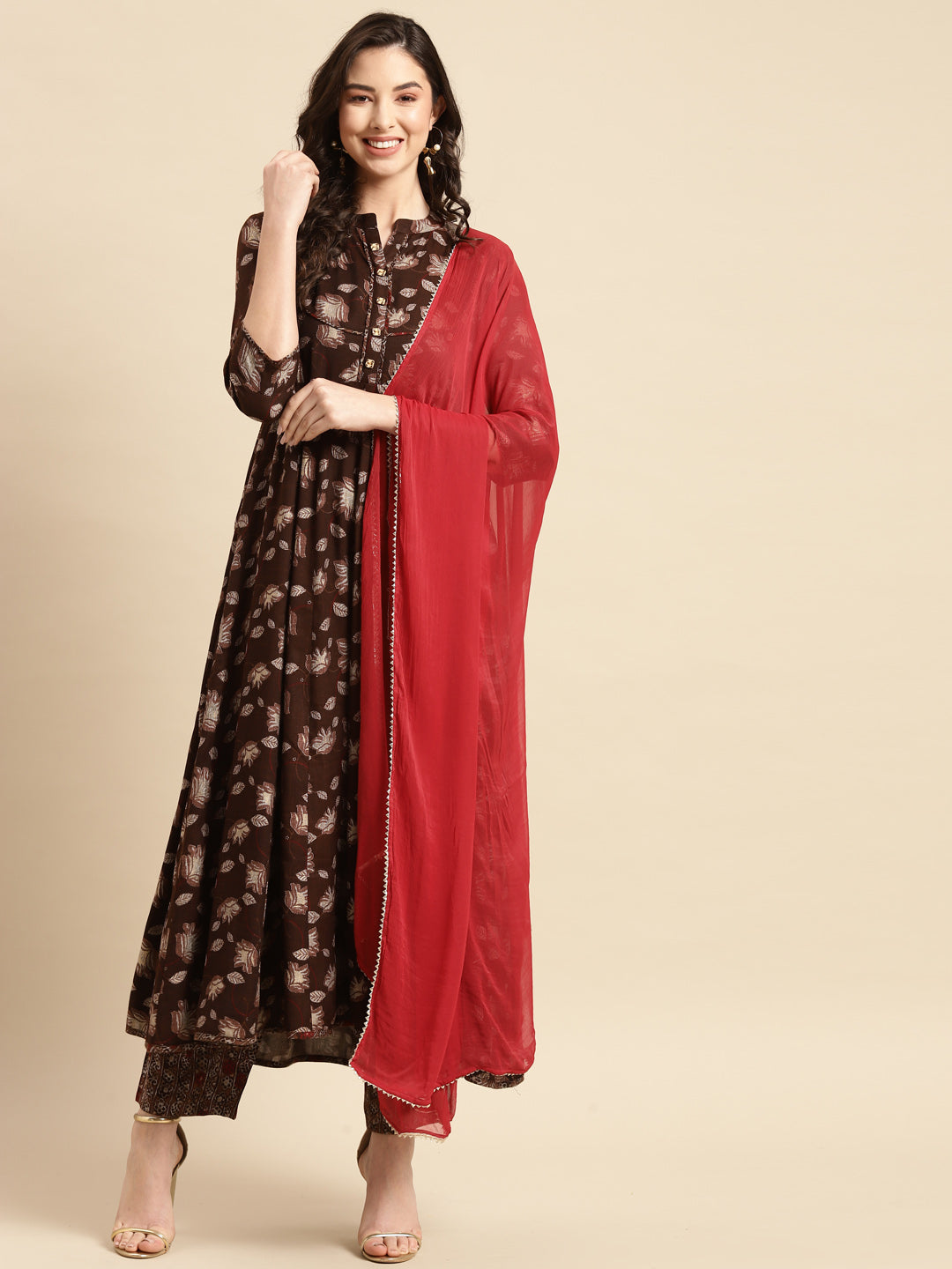 Women Brown Floral Printed Kurta with Palazzos With Dupatta