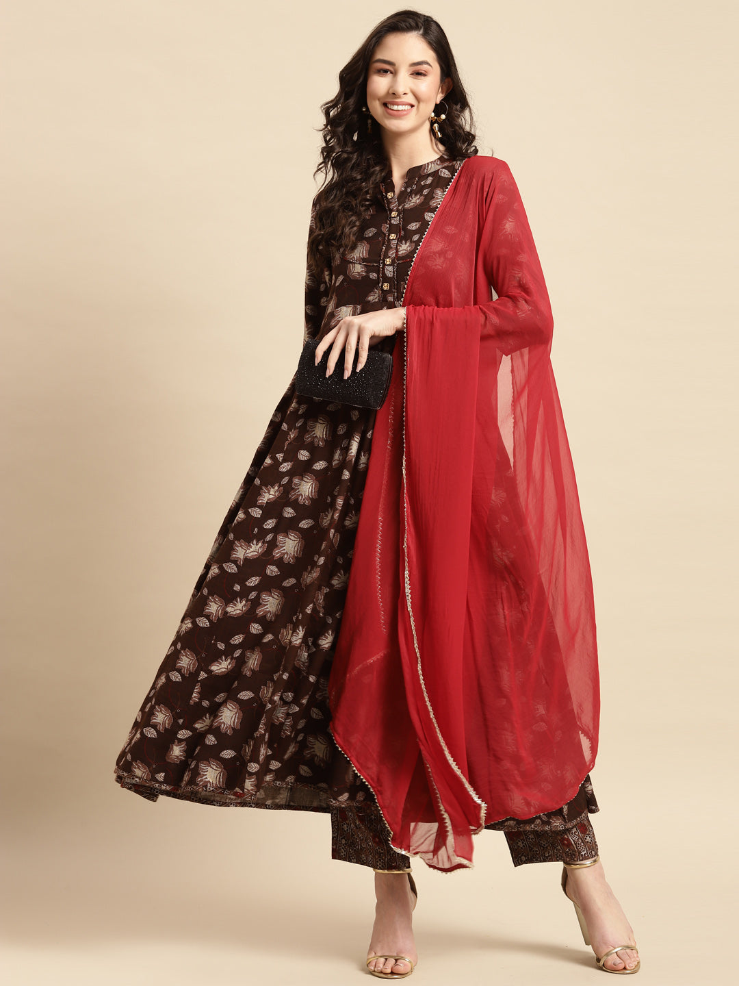 Women Brown Floral Printed Kurta with Palazzos With Dupatta