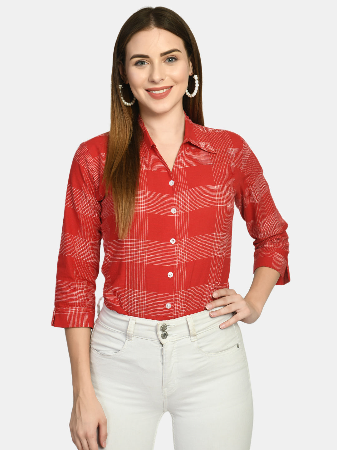 Women Red Slim Fit Checked Formal Shirt - NOZ2TOZ