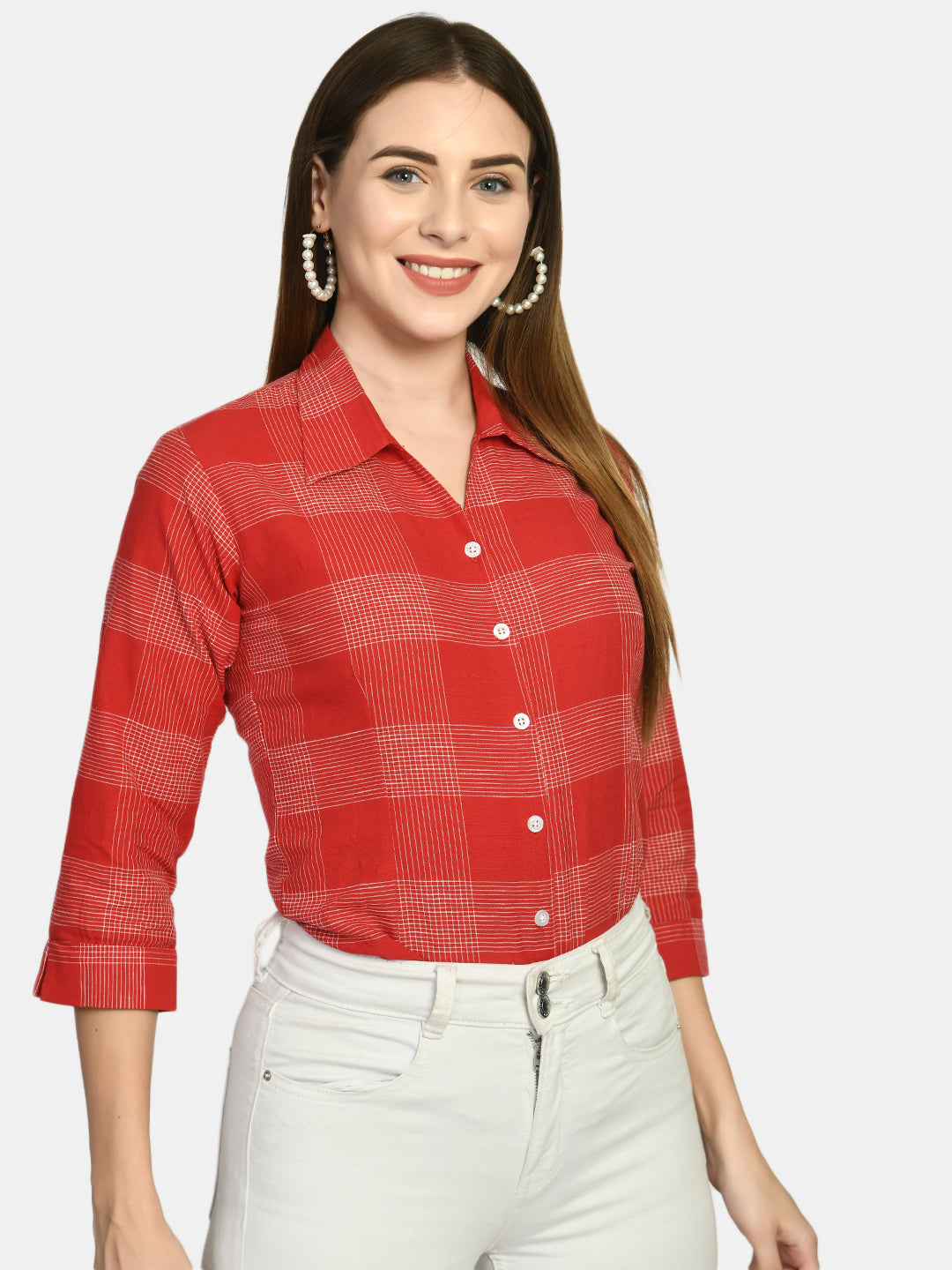 Women Red Slim Fit Checked Formal Shirt - NOZ2TOZ