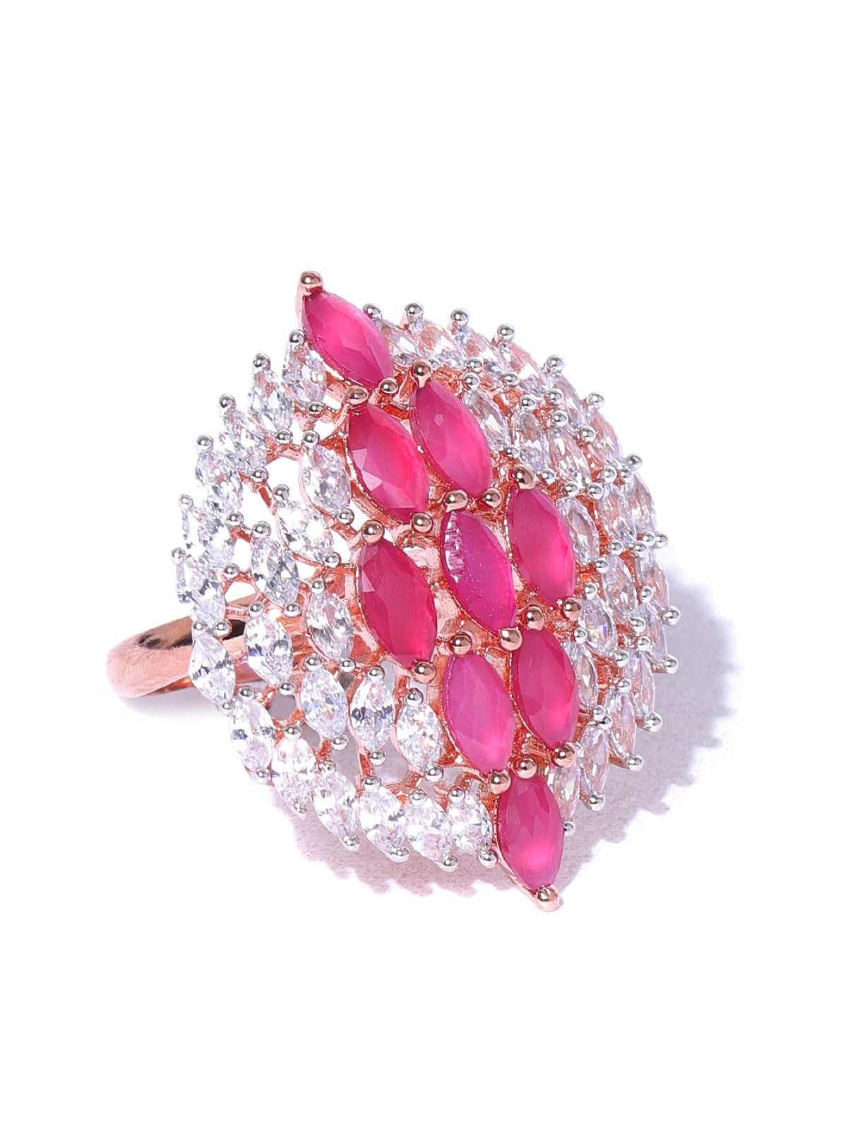 Rose Gold-Plated Pink CZ Stone-Studded Adjustable Finger Ring - NOZ2TOZ