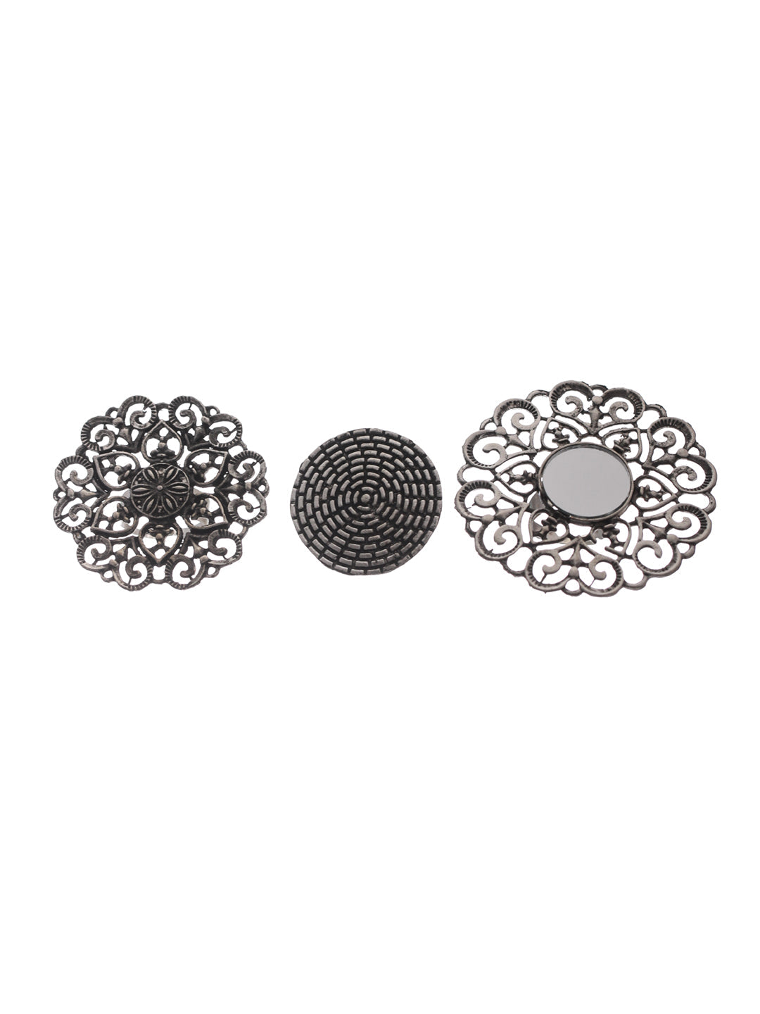 Floral Mirror Oxidised Silver Ring Set of 3 - NOZ2TOZ