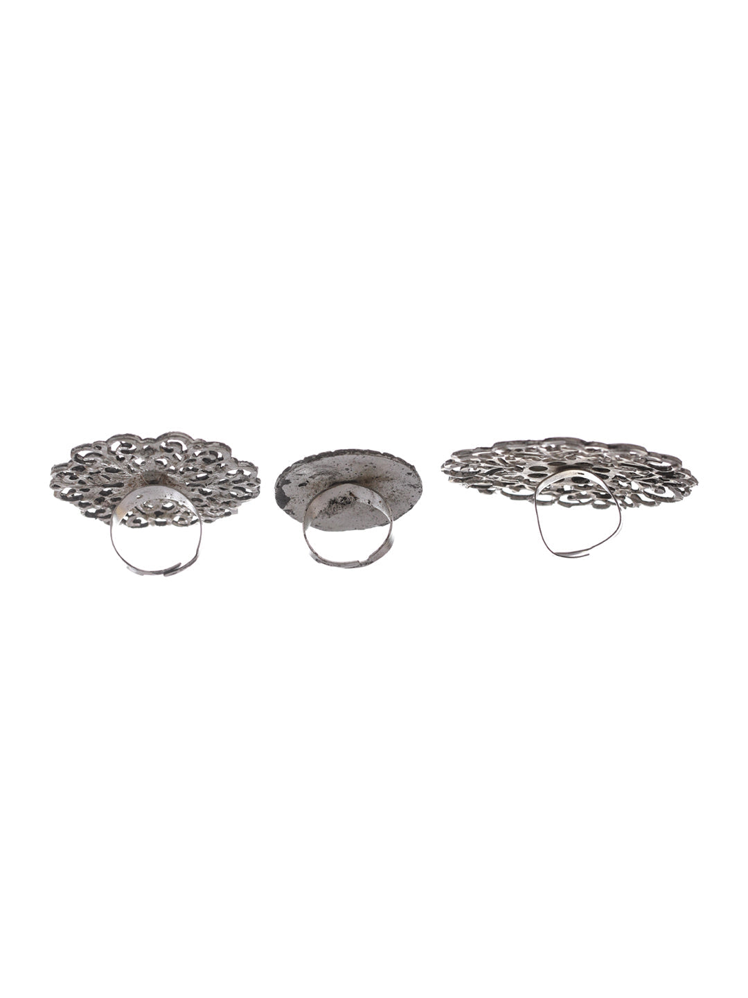 Floral Mirror Oxidised Silver Ring Set of 3 - NOZ2TOZ