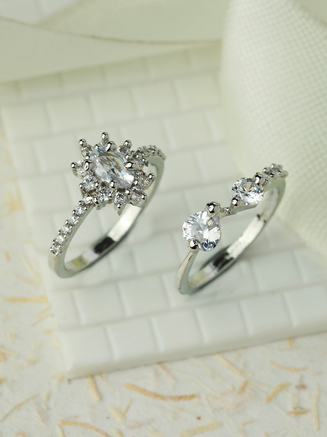 Floral American Diamond Silver Plated Ring Set of 2 - NOZ2TOZ