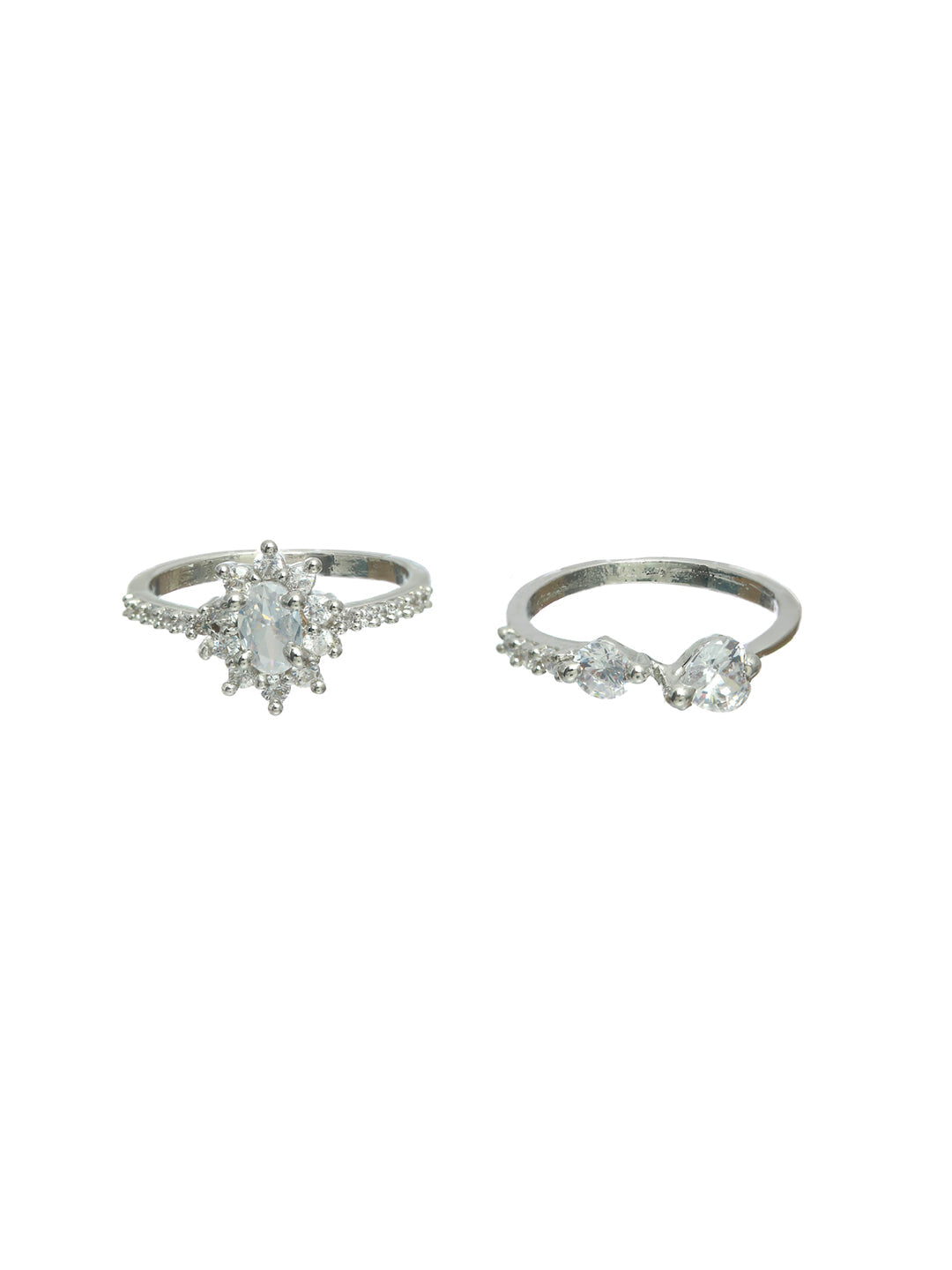 Floral American Diamond Silver Plated Ring Set of 2 - NOZ2TOZ