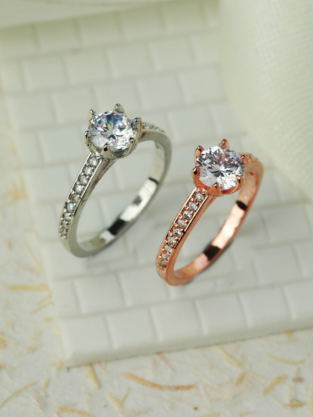 Solitaire Silver Rose Gold Plated Ring Set of 2 - NOZ2TOZ