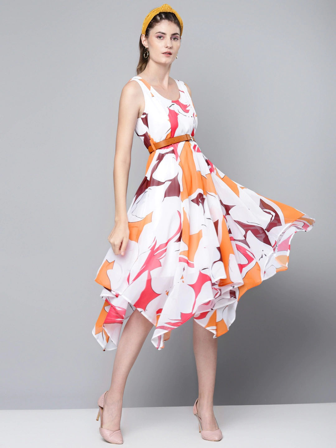 N2Z2TOZ - Orange Floral Asymmetric Belted Midi Dress