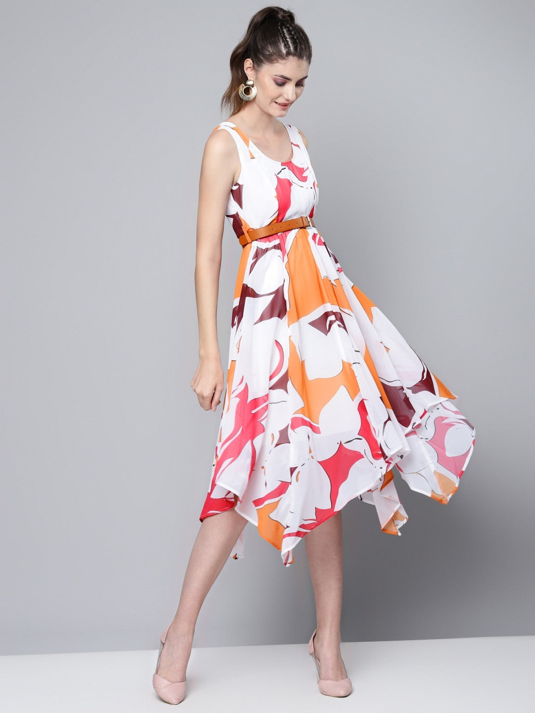 Women Orange Floral Asymmetric Belted Midi Dress