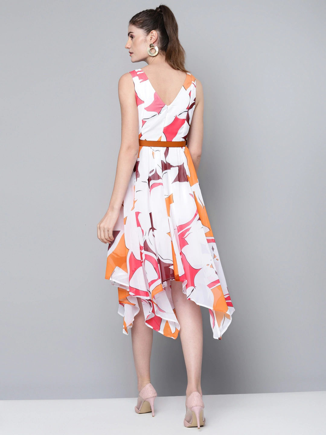 Women Orange Floral Asymmetric Belted Midi Dress