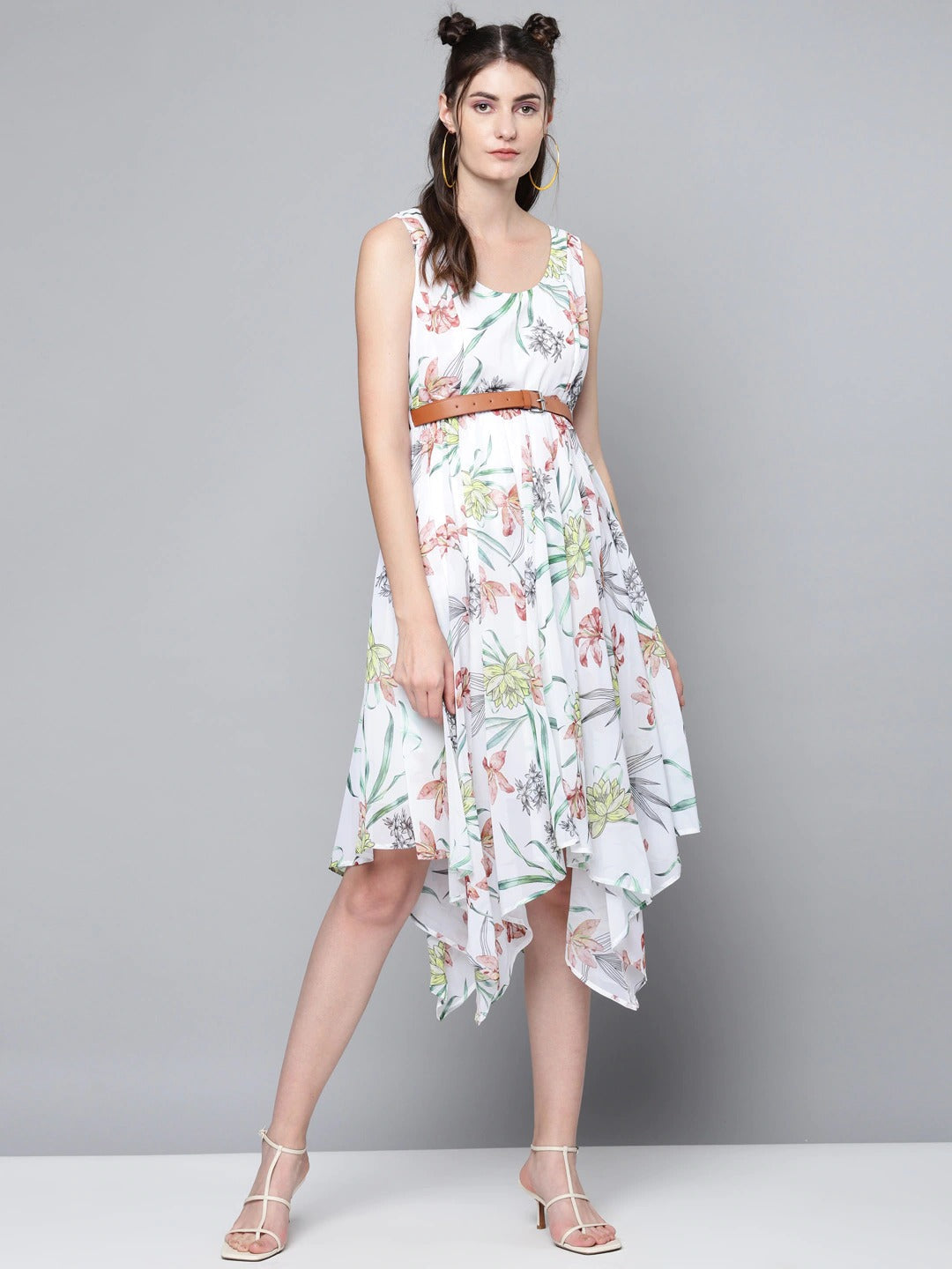 N2Z2TOZ - White Floral Asymmetric Belted Midi Dress