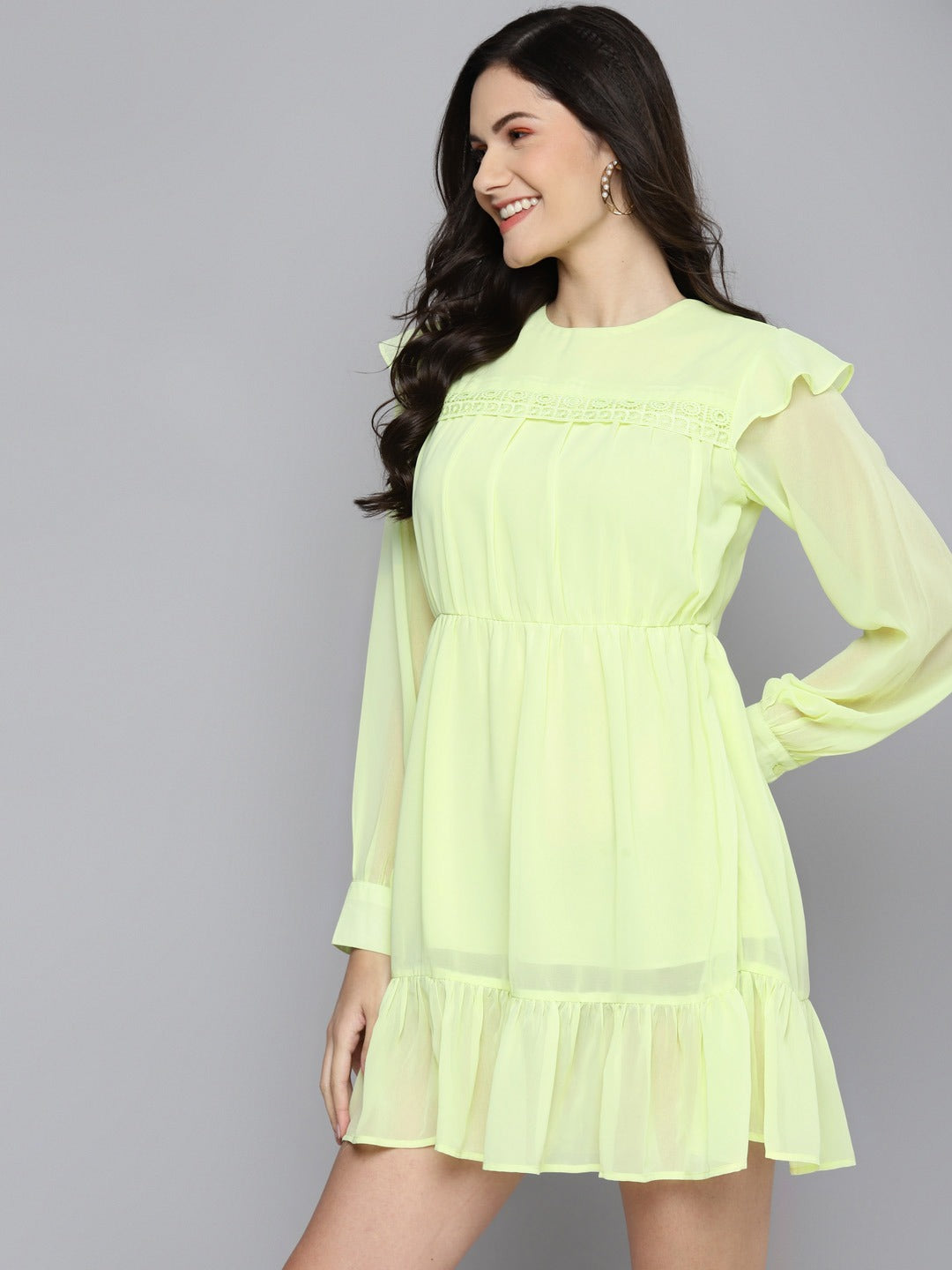 Women Lime Green Frill Hem Short Dress - NOZ2TOZ