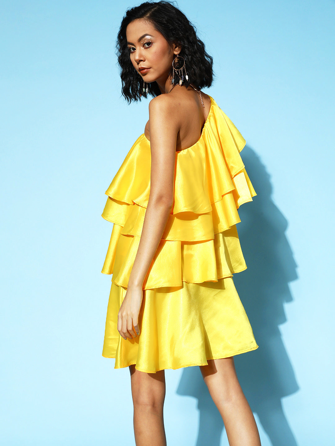 Women Yellow Satin One Shoulder Layered Short Dress - NOZ2TOZ