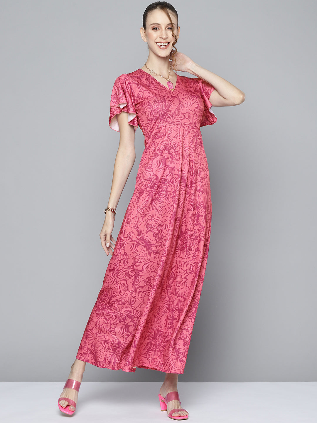 Women Pink Floral Back Cut Out Maxi Dress - NOZ2TOZ