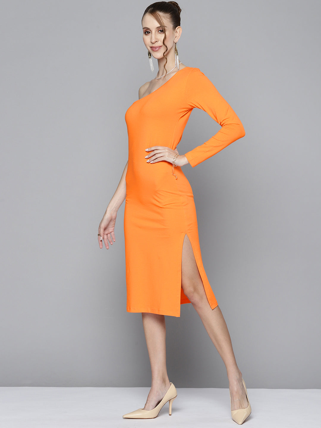 Women Orange One Shoulder Bodycon Dress - NOZ2TOZ