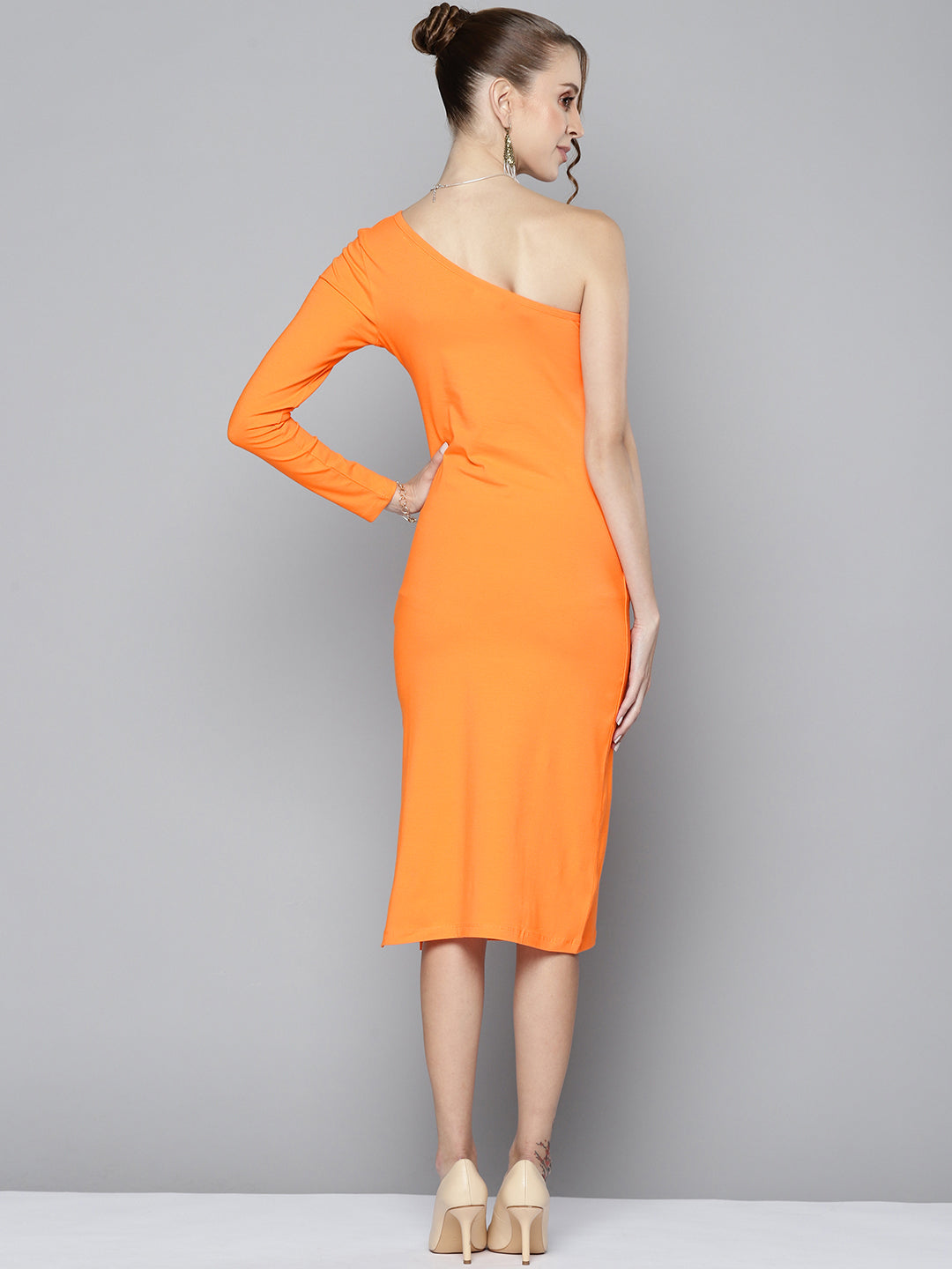 Women Orange One Shoulder Bodycon Dress - NOZ2TOZ