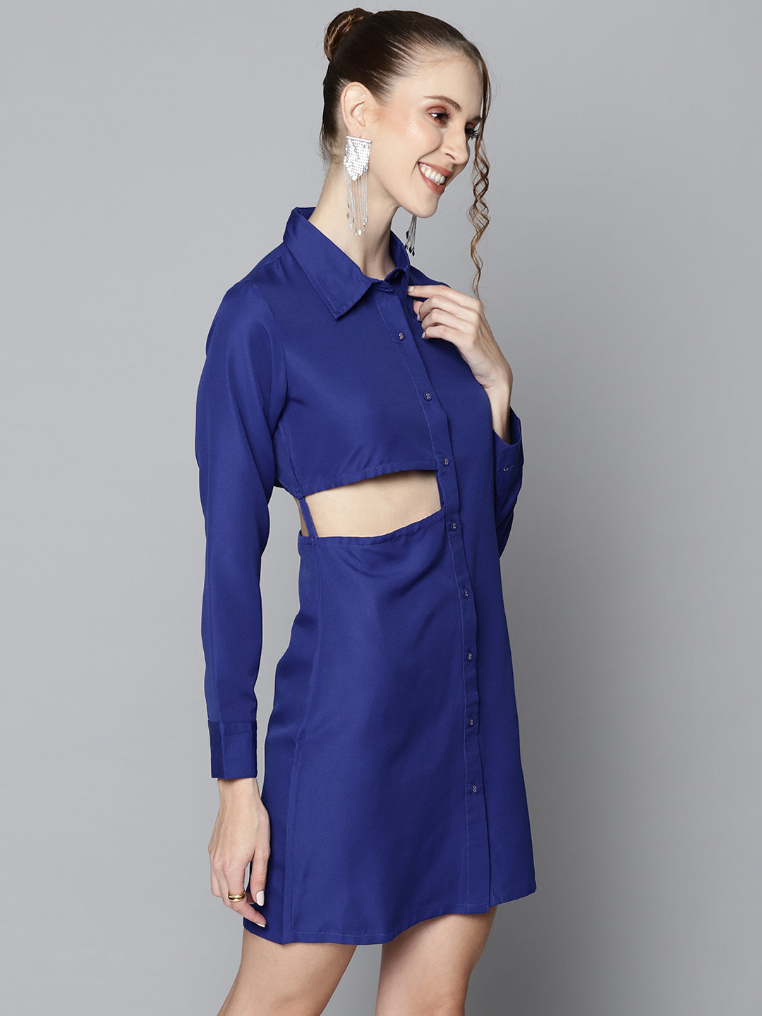 Women Royal Blue Side Cut-Out Shirt Dress - NOZ2TOZ