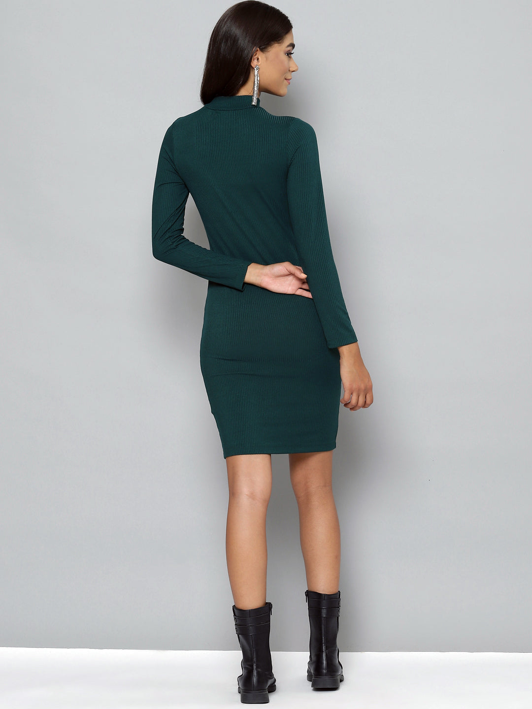 Women Emerald Rib High Neck Short Bodycon Dress - NOZ2TOZ