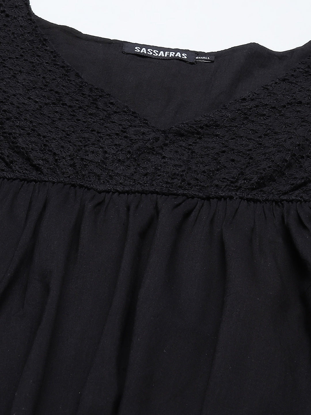 Women Black Schiffli Wrap Neck Short Dress - NOZ2TOZ