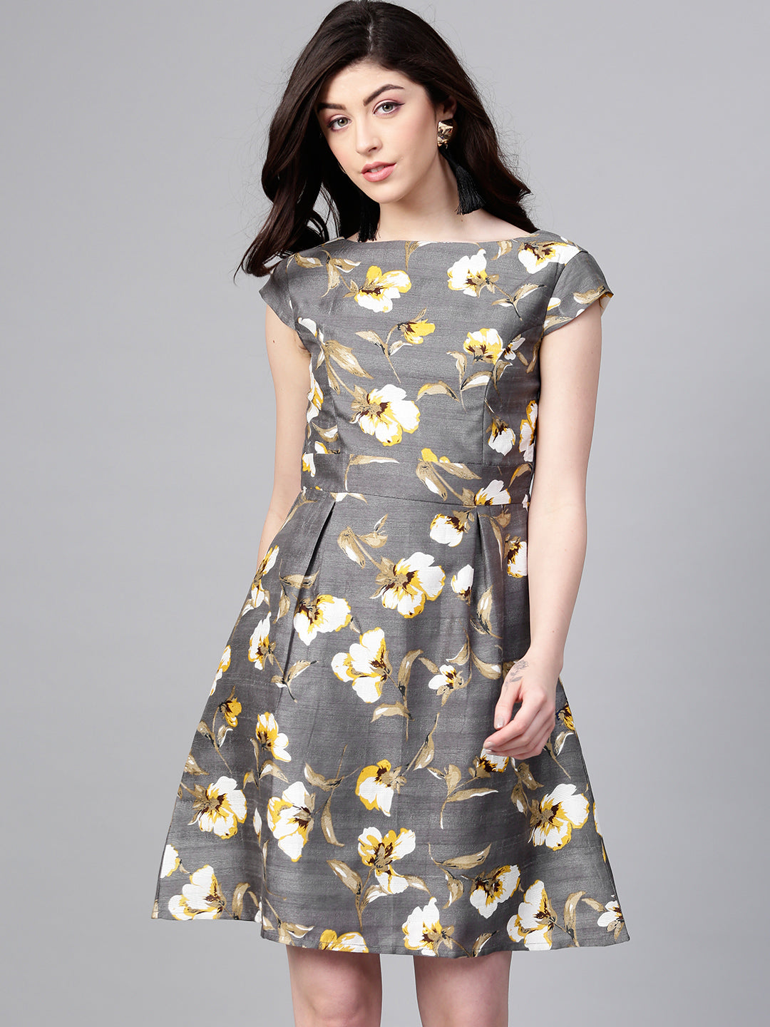 N2Z2TOZ - Grey Floral Silk A-Line Dress
